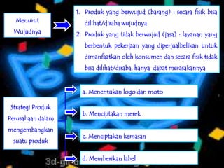 1. Produk yang berwujud (barang) : secara fisik bisa
  Menurut             dilihat/diraba wujudnya
  Wujudnya         2. Produk yang tidak berwujud (jasa) : layanan yang
                      berbentuk pekerjaan yang diperjualbelikan untuk
                      dimanfaatkan oleh konsumen dan secara fisik tidak
                      bisa dilihat/diraba, hanya dapat merasakannya


                     a. Menentukan logo dan moto

 Strategi Produk
                     b. Menciptakan merek
Perusahaan dalam
mengembangkan
                     c. Menciptakan kemasan
  suatu produk

                     d. Memberikan label
 