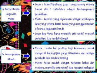 Logo : huruf/lambang yang mengandung makna,
a. Menentukan      terdiri atas 1 kata/lebih sebagai lambang/nama
  Logo dan         perusahaan
    Moto          Moto : kalimat yang digunakan sebagai semboyan/
                   kata yang tertera diatas benda yang menggambarkan
                   sifat atau kegunaan benda
                  Logo dan Moto harus memiliki arti positif, menarik
                   perhatian, dan mudah diingat


                  Merek : suatu hal penting bagi konsumen untuk

b. Menciptakan     mengenal barang/jasa yang ditawarkan dan sebagai

    Merek          pembeda dari produk pesaing
                  Merek harus mudah diingat, terkesan hebat dan
                   modern, memiliki arti positif, dan menarik perhatian
 
