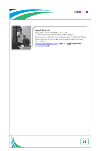 25
Aryadi Gunawan
Penggiat IT Edukasi, Elearning, Open Source
IT Support Pendidikan/Pemerintahan, UNBK Helpdesk
Bersama Rekan telah dan terus mengembangkan Pusat Sumber Belajar
Sekolah Berbasis Virtualisasi dan Ujian Berbasis Komputer di sekolah.
08115208925
aryadigunawan@gmail.com | aryadi.id | gg.gg/aryadimateri
website:aryadi.id
 