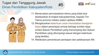 Kementerian Pendidikan, Kebudayaan, Riset, dan Teknologi Workshop Kebijakan Asesmen Nasional 2024
Tugas dan Tangggung Jawab
Dinas Pendidikan Kabupaten/Kota
#5
11. Meneruskan permasalahan teknis yang tidak bisa
diselesaikan di tingkat kabupaten/kota, kepada Tim
Teknis provinsi melalui sistem aplikasi ANBK;
12. Mengeluarkan ketentuan untuk memastikan kewajaran
biaya dalam penerapan prinsip berbagi sumber daya
antara Satuan Pendidikan yang menumpang dan Satuan
Pendidikan yang ditumpangi sesuai dengan ketentuan
yang berlaku;
14. Melakukan pemantauan persiapan dan pelaksanaan AN;
 