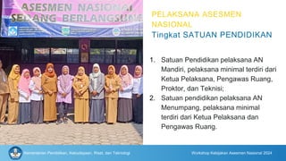 1. Satuan Pendidikan pelaksana AN
Mandiri, pelaksana minimal terdiri dari
Ketua Pelaksana, Pengawas Ruang,
Proktor, dan Teknisi;
2. Satuan pendidikan pelaksana AN
Menumpang, pelaksana minimal
terdiri dari Ketua Pelaksana dan
Pengawas Ruang.
Kementerian Pendidikan, Kebudayaan, Riset, dan Teknologi Workshop Kebijakan Asesmen Nasional 2024
PELAKSANA ASESMEN
NASIONAL
Tingkat SATUAN PENDIDIKAN
 