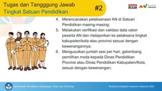 Kementerian Pendidikan, Kebudayaan, Riset, dan Teknologi Workshop Kebijakan Asesmen Nasional 2024
Tugas dan Tangggung Jawab
Tingkat Satuan Pendidikan
#2
4. Merencanakan pelaksanaan AN di Satuan
Pendidikan masing-masing;
5. Melakukan verifikasi dan validasi data calon
peserta AN dan melaporkan ke pelaksana tingkat
kabupaten/kota atau provinsi sesuai dengan
kewenangannya;
6. Mengusulkan jumlah sesi per hari, gelombang,
pemilihan moda kepada Dinas Pendidikan
Provinsi atau Dinas Pendidikan Kabupaten/Kota,
sesuai dengan kewenangan;
 