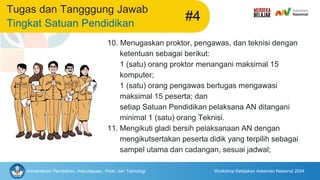 Kementerian Pendidikan, Kebudayaan, Riset, dan Teknologi Workshop Kebijakan Asesmen Nasional 2024
Tugas dan Tangggung Jawab
Tingkat Satuan Pendidikan
#4
10. Menugaskan proktor, pengawas, dan teknisi dengan
ketentuan sebagai berikut:
1 (satu) orang proktor menangani maksimal 15
komputer;
1 (satu) orang pengawas bertugas mengawasi
maksimal 15 peserta; dan
setiap Satuan Pendidikan pelaksana AN ditangani
minimal 1 (satu) orang Teknisi.
11. Mengikuti gladi bersih pelaksanaan AN dengan
mengikutsertakan peserta didik yang terpilih sebagai
sampel utama dan cadangan, sesuai jadwal;
 