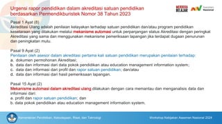 Urgensi rapor pendidikan dalam akreditasi satuan pendidikan
berdasarkan Permendikburistek Nomor 38 Tahun 2023
Pasal 1 Ayat (8)
Akreditasi Ulang adalah penilaian kelayakan terhadap satuan pendidikan dan/atau program pendidikan
kesetaraan yang dilakukan melalui mekanisme automasi untuk perpanjangan status Akreditasi dengan peringkat
Akreditasi yang sama dan menggunakan mekanisme pemeriksaan lapangan jika terdapat dugaan penurunan
dan peningkatan mutu.
Pasal 9 Ayat (2)
Penilaian oleh asesor dalam akreditasi pertama kali satuan pendidikan merupakan penilaian terhadap:
a. dokumen permohonan Akreditasi;
b. data dan informasi dari data pokok pendidikan atau education management information system;
c. data dan informasi dari profil dan rapor satuan pendidikan; dan/atau
d. data dan informasi dari hasil pemeriksaan lapangan.
Pasal 15 Ayat (2)
Mekanisme automasi dalam akreditasi ulang dilakukan dengan cara memantau dan menganalisis data dan
informasi dari:
a. profil dan rapor satuan pendidikan; dan
b. data pokok pendidikan atau education management information system.
Kementerian Pendidikan, Kebudayaan, Riset, dan Teknologi Workshop Kebijakan Asesmen Nasional 2024
 