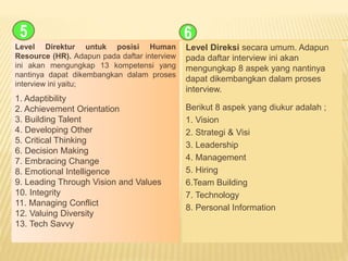 Level Direksi secara umum. Adapun
pada daftar interview ini akan
mengungkap 8 aspek yang nantinya
dapat dikembangkan dalam proses
interview.
Berikut 8 aspek yang diukur adalah ;
1. Vision
2. Strategi & Visi
3. Leadership
4. Management
5. Hiring
6.Team Building
7. Technology
8. Personal Information
Level Direktur untuk posisi Human
Resource (HR). Adapun pada daftar interview
ini akan mengungkap 13 kompetensi yang
nantinya dapat dikembangkan dalam proses
interview ini yaitu;
1. Adaptibility
2. Achievement Orientation
3. Building Talent
4. Developing Other
5. Critical Thinking
6. Decision Making
7. Embracing Change
8. Emotional Intelligence
9. Leading Through Vision and Values
10. Integrity
11. Managing Conflict
12. Valuing Diversity
13. Tech Savvy
5 6
 