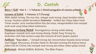 D. Contoh
Baca + Gali: Hari 1 — 1 Yohanes 1 (Hasil penggalian di catatan pribadi)
Lessons of Love: 1 Yohanes 1:7 (Terang)
Allah adalah terang. Dia mau kita, sebagai anak terang, dapat berjalan dalam
terang. Hasilnya adalah bersekutu (koinonia) - terlibat dan hidup dalam kasih
Tuhan sendiri, serta membersihkan kita dari dosa, mengembalikan kita menjadi
anak-anak yang hidup dalam kebenaran.
Pelajaran tentang Natal: Sesungguhnya, terang sudah datang.
Kegelapan menjadi sirna saat terang datang. Dialah Sang Terang itu,
disaksikan oleh bala tentara surga dan manusia di bumi (pujian-pujian).
Aplikasi: “Saya akan …” menjadi terang dan menceritakan kepada dunia tempat
saya tinggal. Khususnya, di bulan Natal ini. Bersaksi tentang Dia bahwa hanya
dalam Dia (In-Christ), kita menjadi anak terang dan keluar dalam gelap (maut).
Referensi: Alkitab SABDA, BaDeNo, The Bible Project.
 