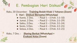 E. Pembagian Hari Diskusi
Rabu, 30 Desember: Training Bedah Kitab 1 Yohanes (Zoom)
5 Hari : Diskusi Bersama (WhatsApp)
● Kamis, 1 Des. – Pasal 1 – (1Yoh. 1:1-10)
● Jumat, 2 Des. – Pasal 2 – (1Yoh. 2:1-29)
● Sabtu, 3 Des. – Pasal 3 – (1Yoh. 3:1-24)
● Senin, 5 Des. – Pasal 4 – (1Yoh. 4:1-21)
● Selasa, 6 Des. – Pasal 5 – (1Yoh. 5:1-21)
Rabu, 7 Des. : Sharing Berkat (WhatsApp) +
Evaluasi Kelas (Zoom)
 