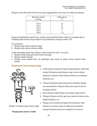 Modul Pembelajaran Air Conditioner
TKR –SMKN 2 WONOGIRI 2015
Sebagai contoh lihat tabel di bawah ini yang menggambarkan titik uap air di dalam kevakuman.
Besarnya vakum
mm Hg
Titik uap air
0
C
723,9
741,2
753,4
755,9
758,4
32
21
10
1
- 12
Dengan memperhatikan tabel di atas, apakah yang terjadi bila dalam sistem AC terdapat uap air,
sedangkan pada saluran hisap kompresor saja temperatur refrigeran sudah -200
C.
Cara pengisian
a. Mengisi pada saluran tekanan tinggi
b. Mengisi pada saluran tekanan rendah
Untuk mengetahui penuh atau tidaknya sistem waktu diisi ada 3 cara yaitu :
a. Dengan melihat pada gelas/kaca kontrol saringan
b. Dengan melihat tekanan
c. Mengisi sesuai dengan berat zat pendingin yang masuk ke dalam sistem menurut buku
manual
Mengisi pada saluran tekanan tinggi
20
a. Untuk pekerja yang belum begitu berpengalaman, lebih baik
mengisi Refrigeran pada tekanan tinggi, karena selama
pengisian kompresor tidak bekerja menekan zat pendingin
berbentuk cair.
b. Tekanan Refrigeran pada tabung harus dinaikkan dengan
cara memanaskan refrigeran dalam alat pengisian khusus
(charging station)
c. Kran tekanan rendah ditutup, dan tekanan tinggi dibuka
d. Tabung refrigeran dibalik, agar yang masuk ke dalam sistem
adalah refrigeran cair.
e. Dengan cara ini katup dan bagian lain kompresor tidak
bekerja berat karena cairan itu tidak akan kembali ke
ruangan kompresor tapi terus mengalir ke kondensor.
Mengisi pada saluran rendah
Gambar 21.Mengisi pada saluran tinggi
 