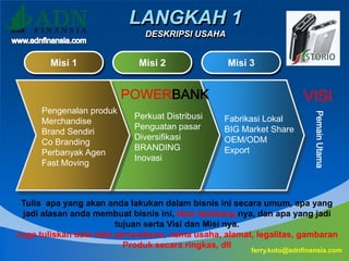 LANGKAH 1
DESKRIPSI USAHA
Misi 1 Misi 2 Misi 3
VISI
Tulis apa yang akan anda lakukan dalam bisnis ini secara umum, apa yang
jadi alasan anda membuat bisnis ini, latar belakang nya, dan apa yang jadi
tujuan serta Visi dan Misi nya.
Juga tuliskan data data perusahaan, nama usaha, alamat, legalitas, gambaran
Produk secara ringkas, dll
ferry.koto@adnfinansia.com
Fabrikasi Lokal
BIG Market Share
OEM/ODM
Export
PemainUtama
Pengenalan produk
Merchandise
Brand Sendiri
Co Branding
Perbanyak Agen
Fast Moving
Perkuat Distribusi
Penguatan pasar
Diversifikasi
BRANDING
Inovasi
POWERBANK
 