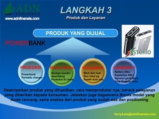 LANGKAH 3
Produk dan Layanan
PRODUK YANG DIJUAL
PRODUKSI Kompetitor LAYANAN ?Bisnis Model
ferry.koto@adnfinansia.com
Deskripsikan produk yang dihasilkan, cara memproduksi nya, bentuk pelayanan
yang diberikan kepada konsumen. Jelaskan juga bagaimana Bisnis model yang
Anda rancang, serta analisa dari produk yang sudah ada dan positioning
Powerbank
Portable charger
Disaign sendiri
Asembling
Produksi di china
Merk dari luar
Dan lokal yg
Sudah dulu ada
Battery ASLI
Kapasitas ASLI
Garansi ganti Baru
Free Ongkos kirim
POWERBANK
 