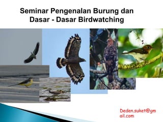 Seminar Pengenalan Burung dan
Dasar - Dasar Birdwatching
Deden.suket@gm
ail.com
 