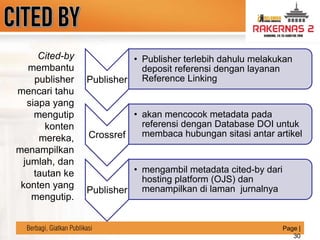 LOGO
Berbagi, Giatkan Publikasi Page |
30
Cited-by
membantu
publisher
mencari tahu
siapa yang
mengutip
konten
mereka,
menampilkan
jumlah, dan
tautan ke
konten yang
mengutip.
Publisher
• Publisher terlebih dahulu melakukan
deposit referensi dengan layanan
Reference Linking
Crossref
• akan mencocok metadata pada
referensi dengan Database DOI untuk
membaca hubungan sitasi antar artikel
Publisher
• mengambil metadata cited-by dari
hosting platform (OJS) dan
menampilkan di laman jurnalnya
 