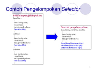 11
Sebelum pengelompokan:
.headlines
{
font-family:arial;
color:black;
background:yellow;
font-size:14pt;
}
.sublines
{
font-family:arial;
color:black;
background:yellow;
font-size:12pt;
}
.infotext
{
font-family:arial;
color:black;
background:yellow;
font-size:10pt;
}
Setelah pengelompokan:
.headlines, .sublines, .infotext
{
font-family:arial;
color:black;
background:yellow;
}
.headlines {font-size:14pt;}
.sublines {font-size:12pt;}
.infotext {font-size: 10pt;}
Contoh Pengelompokan Selector
 