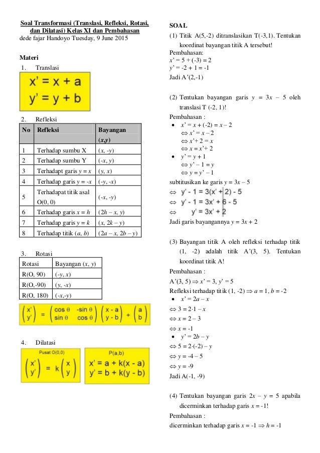 Latihan Soal Transformasi Dan Pembahsan Geometri Kelas 9