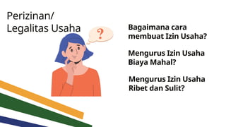 Perizinan/
Legalitas Usaha Bagaimana cara
membuat Izin Usaha?
Mengurus Izin Usaha
Biaya Mahal?
Mengurus Izin Usaha
Ribet dan Sulit?
 
