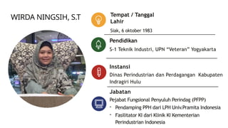 Tempat / Tanggal
Lahir
Siak, 6 oktober 1983
Pendidikan
S-1 Teknik Industri, UPN “Veteran” Yogyakarta
Instansi
Dinas Perindustrian dan Perdagangan Kabupaten
Indragiri Hulu
Jabatan
Pejabat Fungsional Penyuluh Perindag (PFPP)
- Pendamping PPH dari LPH Univ.Pramita Indonesia
- Fasilitator KI dari Klinik KI Kementerian
Perindustrian Indonesia
WIRDA NINGSIH, S.T
 