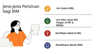 Izin Usaha (NIB)
Jenis-Jenis Perizinan
bagi IKM
Izin Edar untuk IKM
Pangan (P-IRT &
BPOM)
Sertifikasi (Halal & SNI)
Pendaftaran Merek (HKI)
 