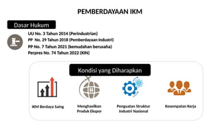 PP No. 29 Tahun 2018 (Pemberdayaan Industri)
IKM Berdaya Saing Penguatan Struktur
Industri Nasional
Menghasilkan
Produk Ekspor
Kesempatan Kerja
Kondisi yang Diharapkan
Dasar Hukum
UU No. 3 Tahun 2014 (Perindustrian)
Perpres No. 74 Tahun 2022 (KIN)
PP No. 7 Tahun 2021 (kemudahan berusaha)
PEMBERDAYAAN IKM
 