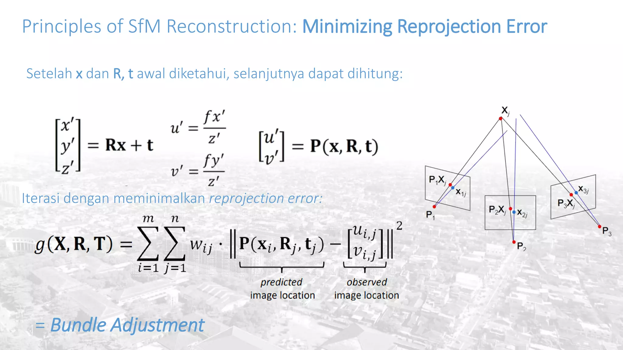 Principles of SfM Reconstruction: Minimizing Reprojection Error
Setelah x dan R, t awal diketahui, selanjutnya dapat dihitung:
Iterasi dengan meminimalkan reprojection error:
= Bundle Adjustment
 