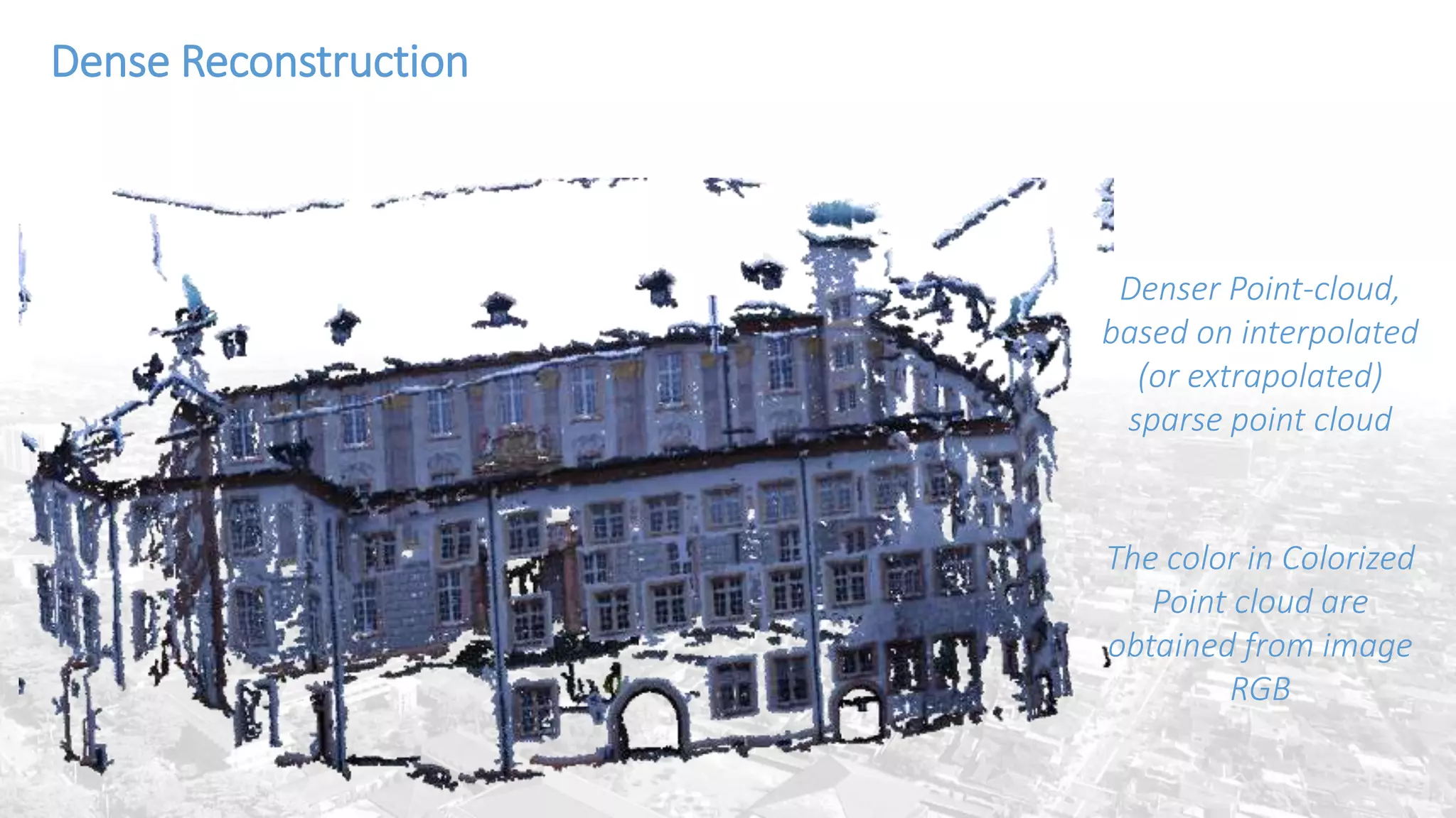 Dense Reconstruction
Denser Point-cloud,
based on interpolated
(or extrapolated)
sparse point cloud
The color in Colorized
Point cloud are
obtained from image
RGB
 