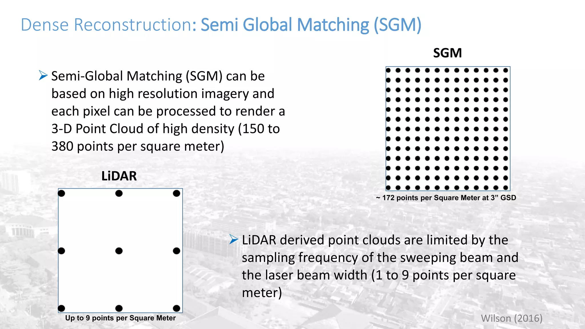 Dense Reconstruction: Semi Global Matching (SGM)
Semi-Global Matching (SGM) can be
based on high resolution imagery and
each pixel can be processed to render a
3-D Point Cloud of high density (150 to
380 points per square meter)
Up to 9 points per Square Meter
LiDAR
~ 172 points per Square Meter at 3” GSD
SGM
LiDAR derived point clouds are limited by the
sampling frequency of the sweeping beam and
the laser beam width (1 to 9 points per square
meter)
Wilson (2016)
 