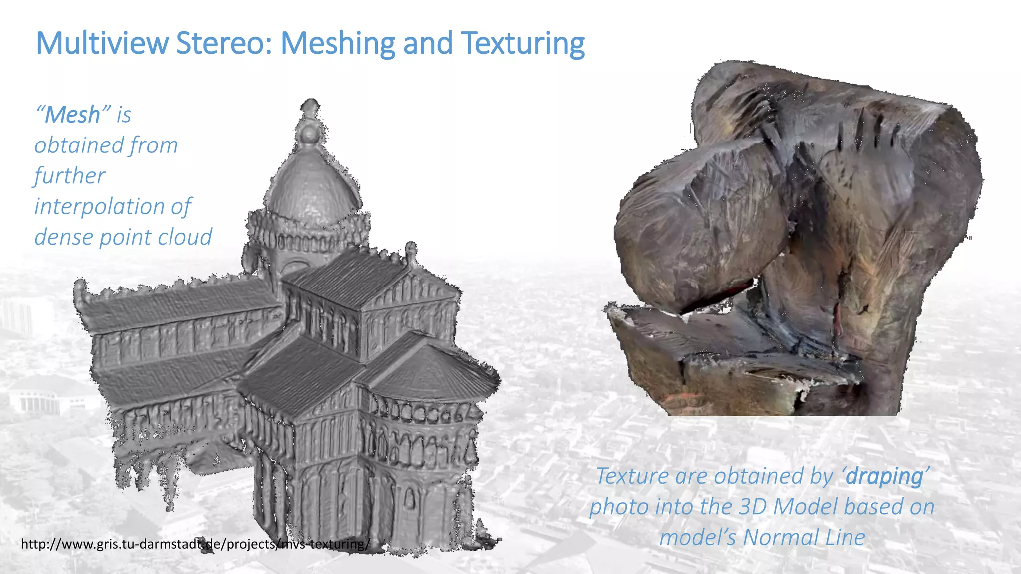 Multiview Stereo: Meshing and Texturing
“Mesh” is
obtained from
further
interpolation of
dense point cloud
Texture are obtained by ‘draping’
photo into the 3D Model based on
model’s Normal Linehttp://www.gris.tu-darmstadt.de/projects/mvs-texturing/
 