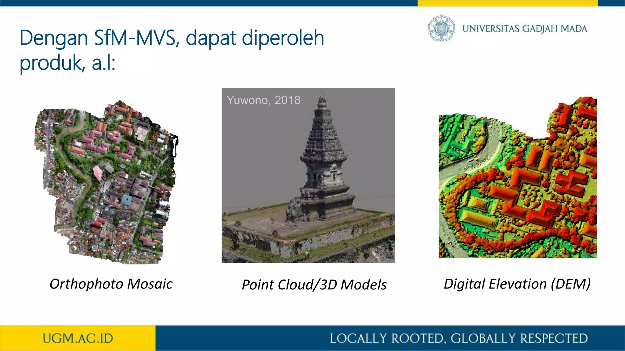 Dengan SfM-MVS, dapat diperoleh
produk, a.l:
Orthophoto Mosaic Point Cloud/3D Models Digital Elevation (DEM)
Yuwono, 2018
 