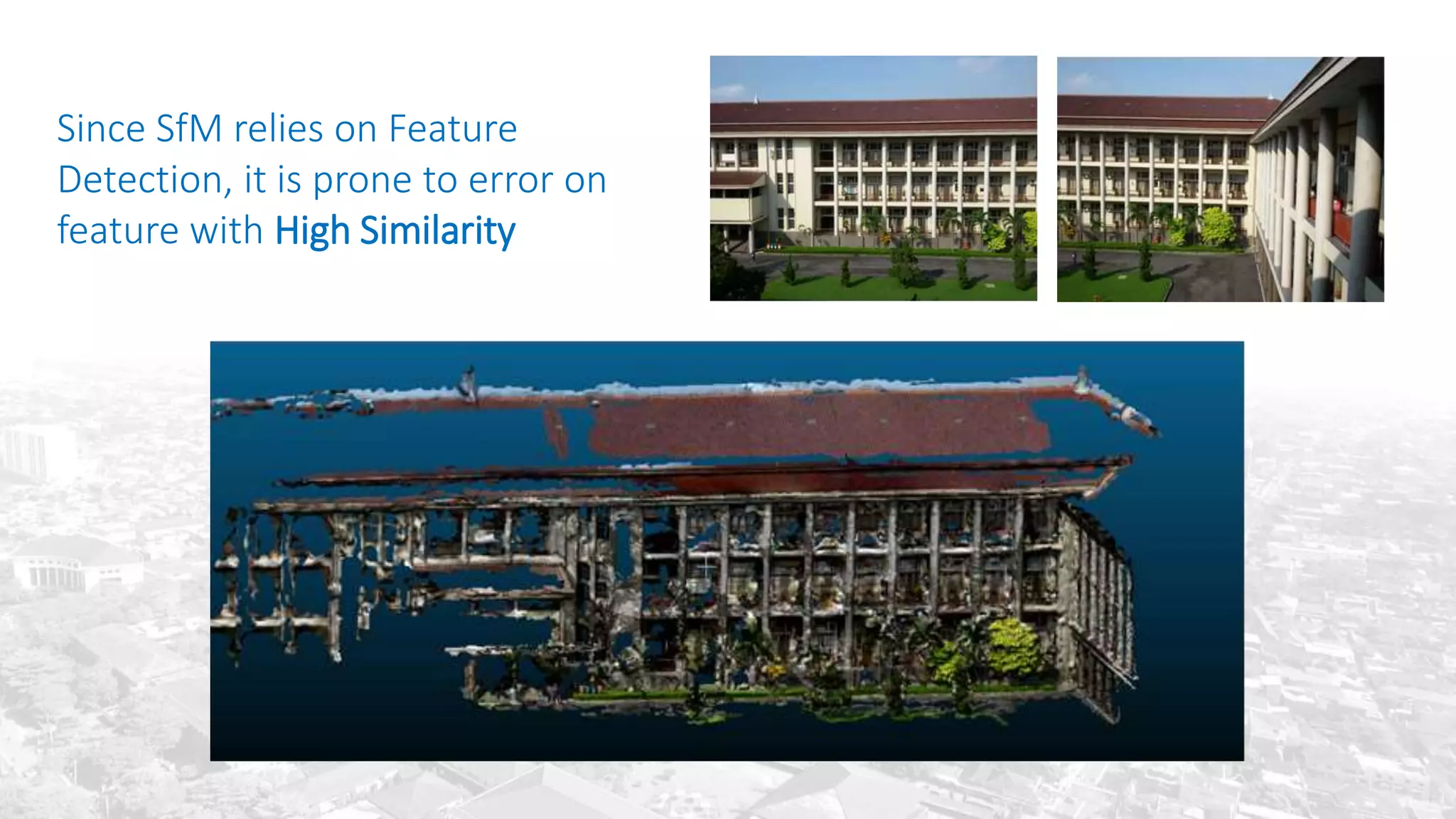 Since SfM relies on Feature
Detection, it is prone to error on
feature with High Similarity
 