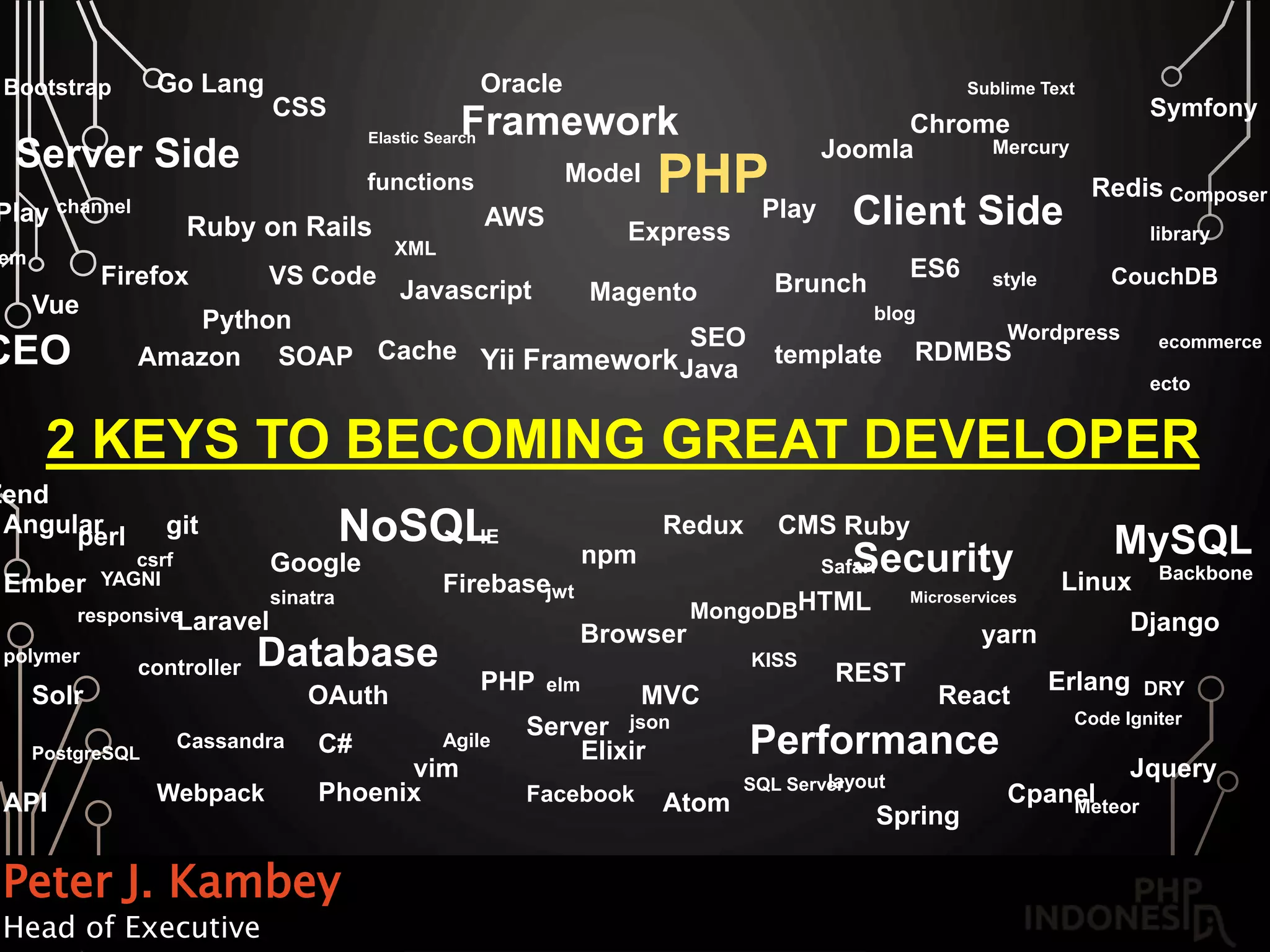 Peter J. Kambey
Head of Executive
2 KEYS TO BECOMING GREAT DEVELOPER
Server Side
Security
Database
Client Side
CEO
Performance
PHP
CouchDB
Cassandra
MongoDB
SQL Server
Oracle
PostgreSQL
MySQLNoSQL
RDMBS
Play
Django
Spring
Phoenix
Ruby on Rails
Yii Framework
Symfony
Zend
Code Igniter
Laravel
Go Lang
Elixir
Python
Java
Ruby
Framework
Jquery
Redux
ES6
CSS
HTML
Cache
Webpack
Brunch
MVC
git
yarn
npm
Bootstrap Sublime Text
vim
Atom
VS Code
Microservices
SEO
REST
Firebase
Express
Cpanel
AWS
Elastic Search
Solr
Ember
PHP
Javascript
Vue
React
Redis
Angular
Server
SOAP
Magento
Joomla
CMS
Wordpress
controller
Model
template
Play
OAuth
Amazon
Erlang
C#
perl
functions
Firefox
Chrome
Browser
API Facebook
Google
Linux
IE
Safari
jwt
csrf
Agile
YAGNI
DRY
KISS
Composer
Mercury
Meteor
Backbone
json
XML
layout
style
responsive
polymer
library
em
sinatra
ecommerce
blog
channel
ecto
elm
 