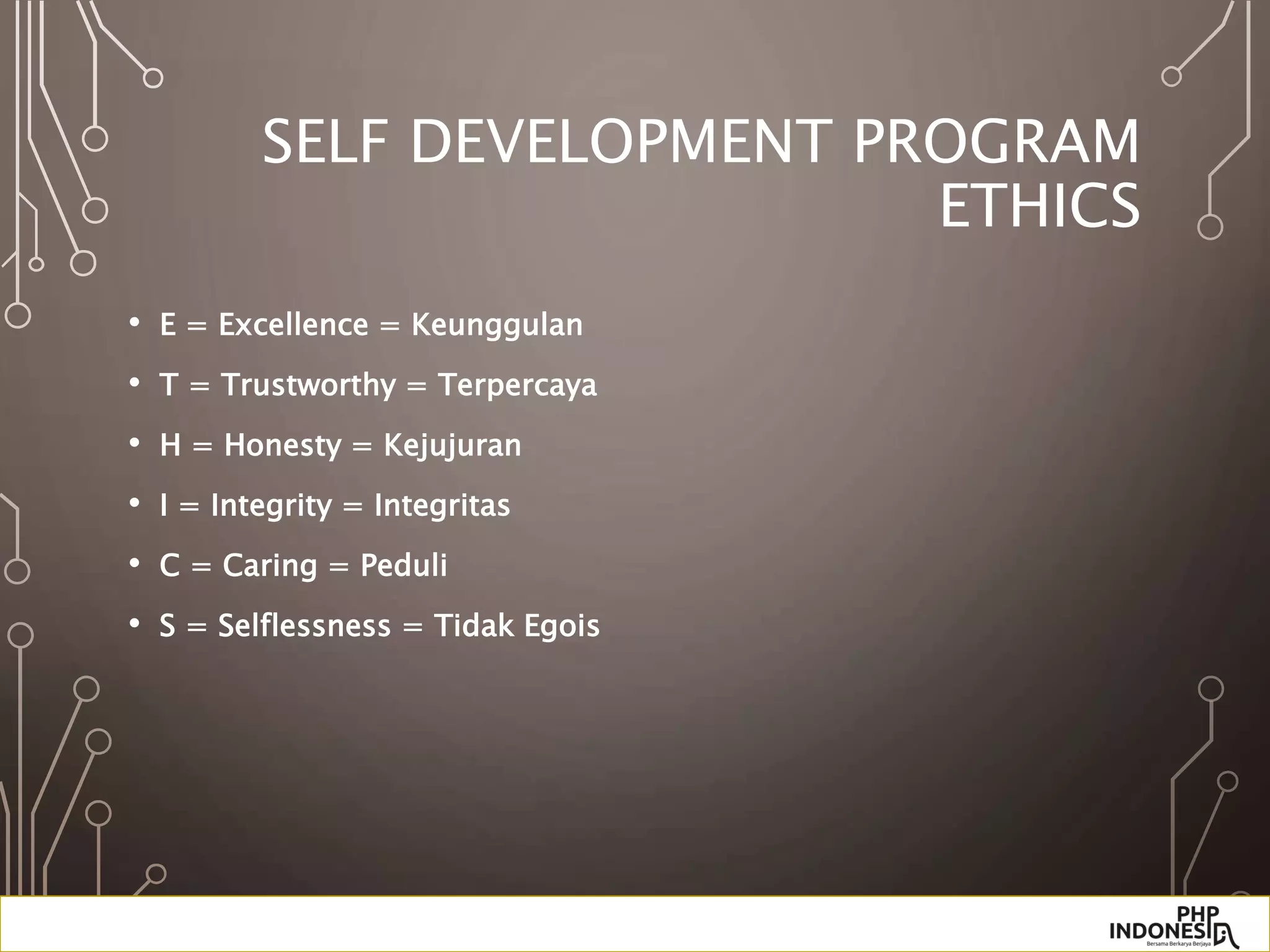 SELF DEVELOPMENT PROGRAM
ETHICS
• E = Excellence = Keunggulan
• T = Trustworthy = Terpercaya
• H = Honesty = Kejujuran
• I = Integrity = Integritas
• C = Caring = Peduli
• S = Selflessness = Tidak Egois
 
