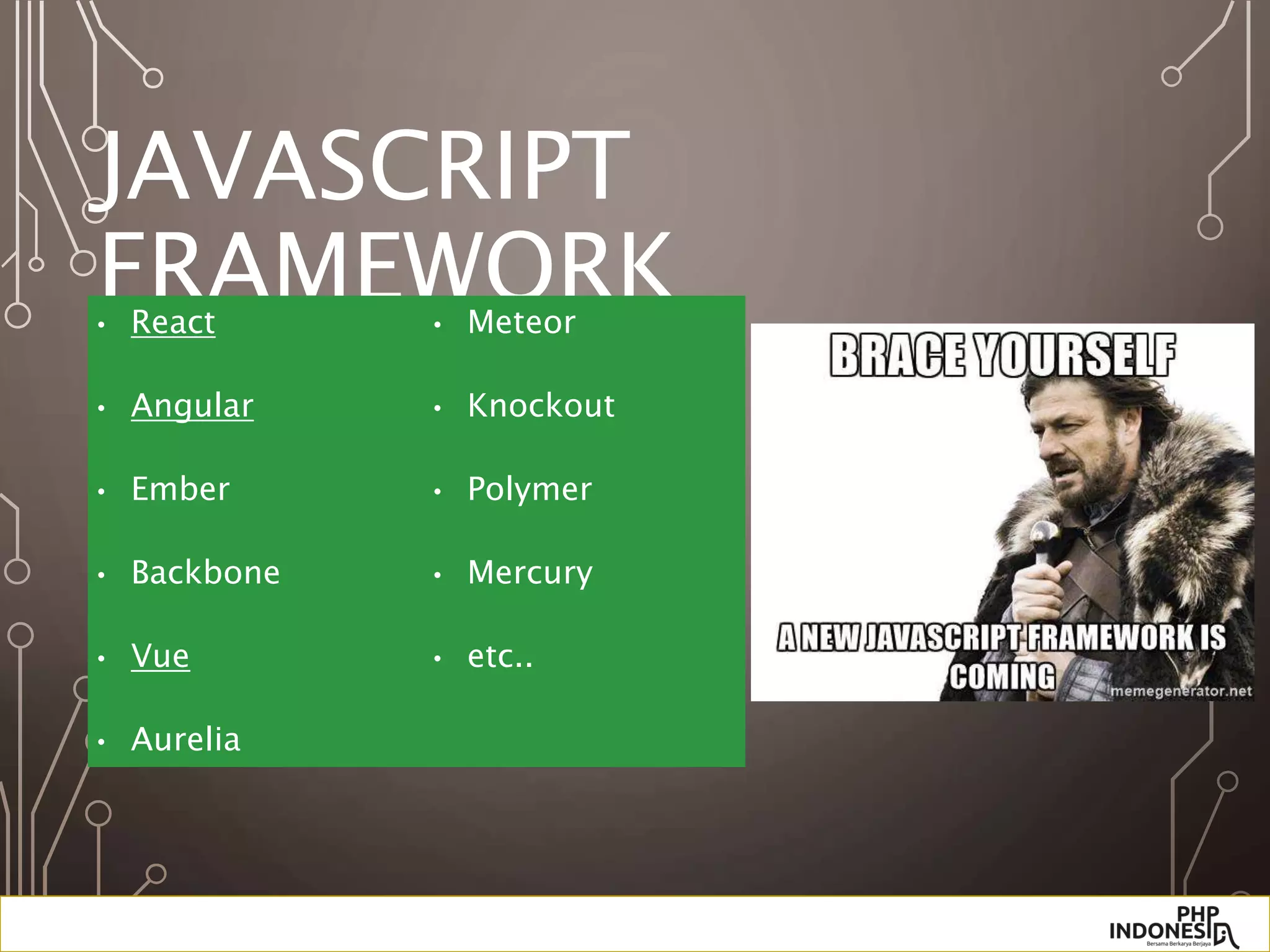 JAVASCRIPT
FRAMEWORK• React
• Angular
• Ember
• Backbone
• Vue
• Aurelia
• Meteor
• Knockout
• Polymer
• Mercury
• etc..
 