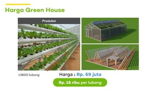 Harga Green House
Harga : Rp. 69 juta
3800 lubang
Rp. 18 ribu per lubang
Produksi
±3800 lubang
 