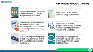 16
Menentukan Fasilitas Kesehatan
Tingkat Pertama (FKTP) yang
diinginkan saat mendaftar
Memanfaatkan NIK sebagai
identitas tunggal peserta JKN
Memperoleh informasi tentang
hak dan kewajiban serta
prosedur pelayanan kesehatan
sesuai dengan ketentuan yang
berlaku
Mendapatkan manfaat
pelayanan Kesehatan di Fasilitas
Kesehatan yang bekerja sama
dengan BPJS Kesehatan
Mendapatkan perlindungan data
pribadi yang diserahkan kepada
BPJS Kesehatan dalam rangka
pendaftaran
Menyampaikan pengaduan,
saran dan aspirasi baik secara
lisan maupun tertulis kepada
BPJS Kesehatan
Hak Peserta Program JKN-KIS
 