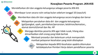 17
Kewajiban Peserta Program JKN-KIS
04
05
01
03
02
Mendaftarkan diri dan anggota keluarganya sebagai peserta JKN-KIS
Membayar iuran secara rutin setiap bulan sebelum tanggal 10 (sepuluh)
Memberikan data diri dan anggota keluarganya secara lengkap dan benar
Melaporkan perubahan data diri dan anggota keluarganya
(gol/pangkat, upah, pernikahan/perceraian, kelahiran/kematian,,
alamat domisili/email dan No. HP
Menjaga identitas peserta JKN agar tidak rusak, hilang atau
dimanfaatkan oleh orang yang tidak berhak
06
Mentaati prosedur dan ketentuan untuk memperoleh
manfaat pelayanan kesehatan yang telah ditetapkan
Melaporkan kepada BPJS Kesehatan apabila ditemukan
ketidakpatuhan Pemberi Kerja dalam pendaftaran peserta
07
 