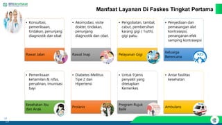 19
19
Manfaat Layanan Di Faskes Tingkat Pertama
• Konsultasi,
pemeriksaan,
tindakan, penunjang
diagnostik dan obat
Rawat Jalan
• Akomodasi, visite
dokter, tindakan,
penunjang
diagnostik dan obat.
Rawat Inap
• Pengobatan, tambal,
cabut, pembersihan
karang gigi ( 1x/th),
gigi palsu
Pelayanan Gigi
• Penyediaan dan
pemasangan alat
kontrasepsi,
penanganan efek
samping kontrasepsi
Keluarga
Berencana
• Pemeriksaan
kehamilan & nifas,
persalinan, imunisasi
bayi
Kesehatan Ibu
dan Anak
• Diabetes Mellitus
Tipe 2 dan
Hipertensi
Prolanis
• Untuk 9 jenis
penyakit yang
ditetapkan
Kemenkes
Program Rujuk
Balik
• Antar fasilitas
kesehatan
Ambulans
 