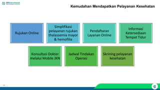 24
Rujukan Online
Simplifikasi
pelayanan rujukan
thalassemia mayor
& hemofilia
Pendaftaran
Layanan Online
Informasi
Ketersediaan
Tempat Tidur
Konsultasi Dokter
melalui Mobile JKN
Jadwal Tindakan
Operasi
Skrining pelayanan
kesehatan
Kemudahan Mendapatkan Pelayanan Kesehatan
 