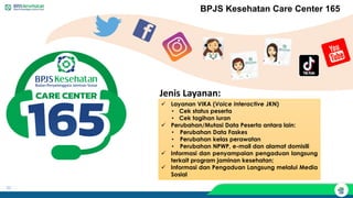 31
BPJS Kesehatan Care Center 165
✓ Layanan VIKA (Voice Interactive JKN)
• Cek status peserta
• Cek tagihan iuran
✓ Perubahan/Mutasi Data Peserta antara lain:
• Perubahan Data Faskes
• Perubahan kelas perawatan
• Perubahan NPWP, e-mail dan alamat domisili
✓ Informasi dan penyampaian pengaduan langsung
terkait program jaminan kesehatan;
✓ Informasi dan Pengaduan Langsung melalui Media
Sosial
Jenis Layanan:
 