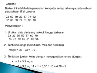 Contoh :
Berikut ini adalah data penjualan komputer setiap tahunnya pada sebuah
perusahaan IT di Jakarta
23 60 79 32 57 74 52
82 36 80 77 81 95 70
1. Urutkan data dari yang terkecil hingga terbesar
23 32 36 52 57 60 70
74 77 79 80 81 82 95
2. Tentukan range (selisih nilai max dan nilai min)
range = 95 – 23 = 72
3. Tentukan jumlah kelas dengan menggunakan rumus sturges :
k = 1 + 3,3 log n
= 1 + 3,3 log 14 = 1 + 3,3 * 1.15 = 4.78 5
Penyelesaian :
 