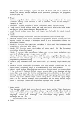Zat pengatur adalah kelompok sayuran dan buah. Di dalam tubuh zat-zat makanan itu
(vitamin dan mineral) berfungsi mengatur proses pencernaan, penyerapan, dan penggunaan
zat-zat gizi yang lain.
B. Zat gizi
Makanan yang baik adalah makanan yang mencakup fungsi makanan di atas yang
kesemuanya tertuang dalam makanan 4 sehat 5 sempurna. Dalam makanan terdapat 5
kelompok zat yaitu :
a. Karbohidrat : zat yang menghasilkan tenaga. Contoh nasi, jagung, sagu dan lan-lain.
b. Protein: protein banyak terdapat dalam lauk pauk dan protein nabati seperti telur, tempe,
tahu, kacang kedelai, kacang-kacangan, ikan dan lain-lain.
c. Lemak: banyak terdapat dalam lauk pauk (daging yang berlemak) dan minyak (minyak
goreng).
d. Vitamin
Zat ini banyak terdapat dalam semua bahan makanan terutama sayur dan buah segar.
 Vitamin A berperan dalam proses pertumbuhan dan penglihatan. Banyak terdapat pada daun
singkong, papaya dan mangga. Kekuarangan vitamin ini akan menyebabkan kebutaan dan
pertumbuhan terhambat.
 Vitamin B1 berperan dalam metabolism karbohidrat di dalam tubuh. Jika kekurangan akan
mengakibatkan kekurangan nafsu makan.
 Vitamin B12 berperan dalam pembentukan sel darah merah dan jika kekurangan
menyebabkan kelumpuhan tungkai.
 Vitamin C berperan dalam pemeliharaan jaringan dan berperan dalam peningkatan daya
tahan tubuh terhadap serangan berbagai macam penyakit.
 Vitamin D dalam tubuh biasanya belum aktif dan untuk mengaktifkan diperlukan sinar
ultraviolet dari sinar matahari. Apabila seseorang kekurangan vitamin D maka akan terjadi
penghambatan pertumbuhan tulang.
 Vitamin E yang dibutuhkan dalam tubuh relative sedikit jika dibanding dengan vitamin yang
lain.
 Vitamin K berguna dalam proses pemebekuan darah yang biasanya terdapat dalam hati sapi
maupun ayam. Kekuarangan vitamin K akan menyebabkan darah sukar membeku.
e. Mineral: banyak terdapat dalam lauk-pauk dan sayuran. Contoh mineral yang penting adalah
Fe (zat besi) dan Ca (kalsium). Zat besi biasanya terdapat dalam bayam, kangkung, telur dan
sayuran hijau yang lainnya. Zat besi itu sendiri penting untuk pembentukan sel darah merah.
Kekurang zat besi dalam tubuh akan menyebabkan gejala cepat pusing, konsentrasi belajar
menurun yang bisanya dikenal dengan keadaan kurang darah. Kalsium (zat kapur) erdapat
dalam ikan laut. Kalsium berfungsi dalam pembentukan gizi dan tulang bersama dengan
vitamin D. kekurangan kalsium akan menyebabkan rapuhnya tulang (rakhitis).
C. Kantin sekolah
Pada lingkungan sekolah tidak jarang dijumpai adanya kantin sekolah. Tujuan diadakannya
kantin sekolah adalah untuk menyediakan makanan bagi anak sekolah selama berada di
sekolah agar kebutuhan gizi anak terpenuhi. Banyak dijumpai masalah dalam ilmu gizi
dilingkungan sekolah yaitu diantaranya: KEP (kekuarangan energy protein), anemia
(kekurangan Fe),dan Gaki.
Syarat warung sekolah sehat:
a. Tenaga
 