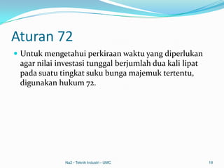 Aturan 72
 Untuk mengetahui perkiraan waktu yang diperlukan
agar nilai investasi tunggal berjumlah dua kali lipat
pada suatu tingkat suku bunga majemuk tertentu,
digunakan hukum 72.
Na2 - Teknik Industri - UMC 19
 