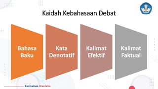 Kaidah Kebahasaan Debat
Bahasa
Baku
Kata
Denotatif
Kalimat
Efektif
Kalimat
Faktual
 