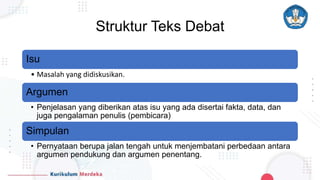 Struktur Teks Debat
Isu
• Masalah yang didiskusikan.
Argumen
• Penjelasan yang diberikan atas isu yang ada disertai fakta, data, dan
juga pengalaman penulis (pembicara)
Simpulan
• Pernyataan berupa jalan tengah untuk menjembatani perbedaan antara
argumen pendukung dan argumen penentang.
 