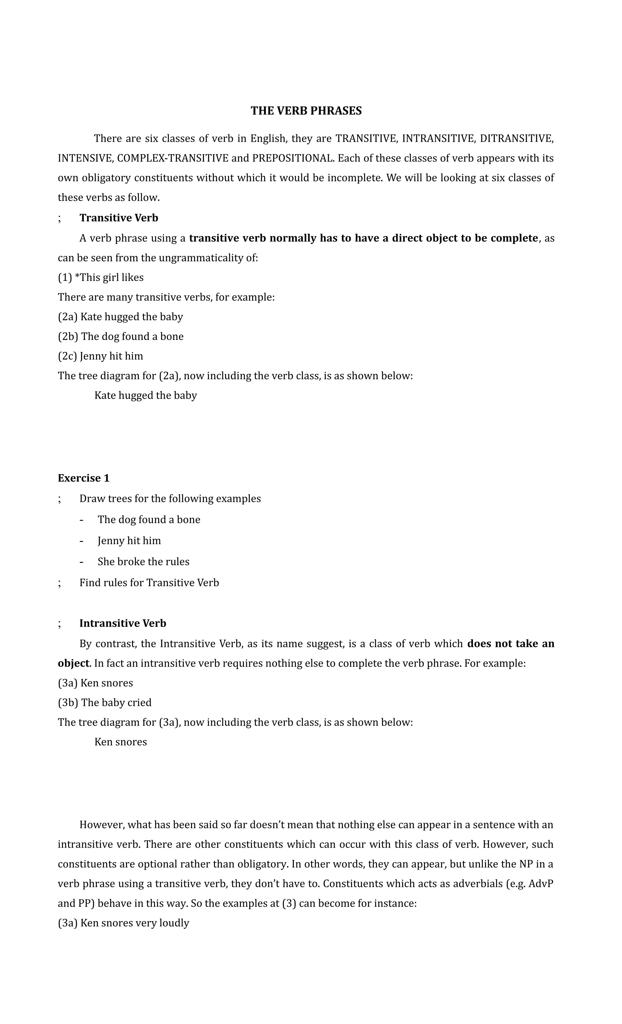 THE VERB PHRASES 
There are six classes of verb in English, they are TRANSITIVE, INTRANSITIVE, DITRANSITIVE, 
INTENSIVE, COMPLEX-TRANSITIVE and PREPOSITIONAL. Each of these classes of verb appears with its 
own obligatory constituents without which it would be incomplete. We will be looking at six classes of 
these verbs as follow. 
; Transitive Verb 
A verb phrase using a transitive verb normally has to have a direct object to be complete, as 
can be seen from the ungrammaticality of: 
(1) *This girl likes 
There are many transitive verbs, for example: 
(2a) Kate hugged the baby 
(2b) The dog found a bone 
(2c) Jenny hit him 
The tree diagram for (2a), now including the verb class, is as shown below: 
Kate hugged the baby 
Exercise 1 
; Draw trees for the following examples 
- The dog found a bone 
- Jenny hit him 
- She broke the rules 
; Find rules for Transitive Verb 
; Intransitive Verb 
By contrast, the Intransitive Verb, as its name suggest, is a class of verb which does not take an 
object. In fact an intransitive verb requires nothing else to complete the verb phrase. For example: 
(3a) Ken snores 
(3b) The baby cried 
The tree diagram for (3a), now including the verb class, is as shown below: 
Ken snores 
However, what has been said so far doesn’t mean that nothing else can appear in a sentence with an 
intransitive verb. There are other constituents which can occur with this class of verb. However, such 
constituents are optional rather than obligatory. In other words, they can appear, but unlike the NP in a 
verb phrase using a transitive verb, they don’t have to. Constituents which acts as adverbials (e.g. AdvP 
and PP) behave in this way. So the examples at (3) can become for instance: 
(3a) Ken snores very loudly 
 
