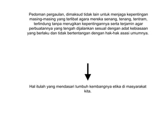 Pedoman pergaulan, dimaksud tidak lain untuk menjaga kepentingan
masing-masing yang terlibat agara mereka senang, tenang, tentram,
terlindung tanpa merugikan kepentingannya serta terjamin agar
perbuatannya yang tengah dijalankan sesuaI dengan adat kebiasaan
yang berlaku dan tidak bertentangan dengan hak-hak asasi umumnya.
Hal itulah yang mendasari tumbuh kembangnya etika di masyarakat
kita.
 