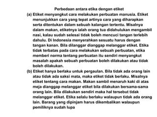 Perbedaan antara etika dengan etiket
(a) Etiket menyangkut cara melakukan perbuatan manusia. Etiket
menunjukkan cara yang tepat artinya cara yang diharapkan
serta ditentukan dalam sebuah kalangan tertentu. Misalnya
dalam makan, etiketnya ialah orang tua didahulukan mengambil
nasi, kalau sudah selesai tidak boleh mencuci tangan terlebih
dahulu. Di Indonesia menyerahkan sesuatu harus dengan
tangan kanan. Bila dilanggar dianggap melanggar etiket. Etika
tidak terbatas pada cara melakukan sebuah perbuatan, etika
memberi norma tentang perbuatan itu sendiri menyangkut
masalah apakah sebuah perbuatan boleh dilakukan atau tidak
boleh dilakukan.
(b) Etiket hanya berlaku untuk pergaulan. Bila tidak ada orang lain
atau tidak ada saksi mata, maka etiket tidak berlaku. Misalnya
etiket tentang cara makan. Makan sambil menaruh kaki di atas
meja dianggap melanggar etiket bila dilakukan bersama-sama
orang lain. Bila dilakukan sendiri maka hal tersebut tidak
melanggar etiket. Etika selalu berlaku walaupun tidak ada orang
lain. Barang yang dipinjam harus dikembalikan walaupun
pemiliknya sudah lupa
 