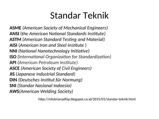 Standar Teknik
ASME (American Society of Mechanical Engineers)
ANSI (the American National Standards Institute)
ASTM (American Standard Testing and Material)
AISI (American Iron and Steel Institute )
NNI (National Nanotechnology Initiative)
ISO (International Organization for Standardization)
API (American Petroleum Institute)
ASCE (American Society of Civil Engineers)
JIS (Japanese Industrial Standard)
DIN (Deutsches Institut für Normung)
SNI (Standar Nasional Indoesia)
AWS(American Welding Society)
http://mfebrianadhip.blogspot.co.id/2015/01/standar-teknik.html
 