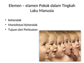 Elemen – elamen Pokok dalam Tingkah
Laku Manusia
• Kehendak
• Manisfetasi Kehendak
• Tujuan dari Perbuatan
 