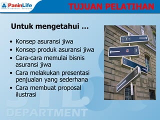 TUJUAN PELATIHAN

Untuk mengetahui …

• Konsep asuransi jiwa
• Konsep produk asuransi jiwa
• Cara-cara memulai bisnis
  asuransi jiwa
• Cara melakukan presentasi
  penjualan yang sederhana
• Cara membuat proposal
  ilustrasi
 