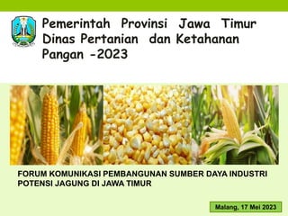 Pemerintah Provinsi Jawa Timur
Dinas Pertanian dan Ketahanan
Pangan -2023
FORUM KOMUNIKASI PEMBANGUNAN SUMBER DAYA INDUSTRI
POTENSI JAGUNG DI JAWA TIMUR
Malang, 17 Mei 2023
 