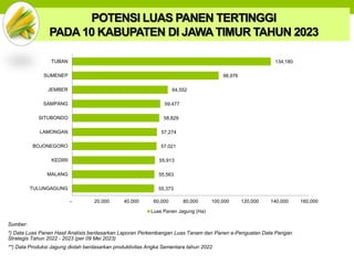 POTENSI LUAS PANEN TERTINGGI
PADA 10 KABUPATEN DI JAWA TIMUR TAHUN 2023
Sumber:
*) Data Luas Panen Hasil Analisis berdasarkan Laporan Perkembangan Luas Tanam dan Panen e-Penguatan Data Pangan
Strategis Tahun 2022 - 2023 (per 09 Mei 2023)
**) Data Produksi Jagung diolah berdasarkan produktivitas Angka Sementara tahun 2022
55,373
55,563
55,913
57,021
57,274
58,829
59,477
64,552
98,976
134,180
- 20,000 40,000 60,000 80,000 100,000 120,000 140,000 160,000
TULUNGAGUNG
MALANG
KEDIRI
BOJONEGORO
LAMONGAN
SITUBONDO
SAMPANG
JEMBER
SUMENEP
TUBAN
Luas Panen Jagung (Ha)
 